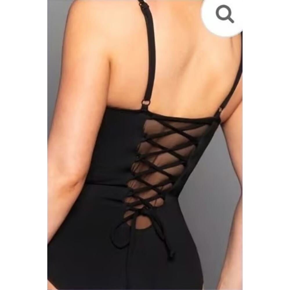 TA3 Zippy Black One-Piece Swimsuit Zip Front Lace-Up LARGE - Picture 4 of 7